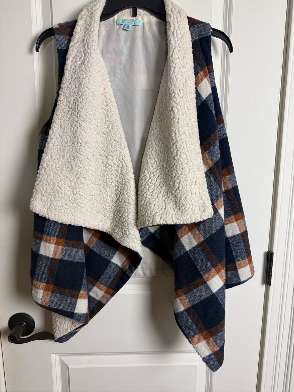 She + Sky Navy, Brown & White Plaid Sherpa-Lined Vest